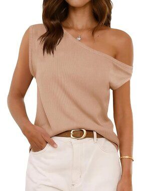 Women's Khaki Ribbed Off One Shoulder Slouchy Short Sleeve Tee Top